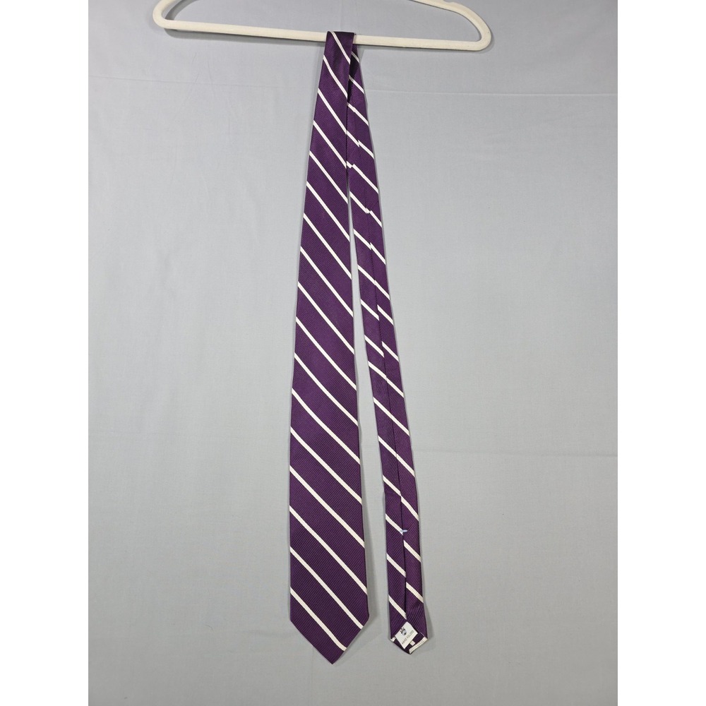 Peter Millar Purple White Diagonal Stripe Silk Tie Hand Folded Luxury Neck - Picture 3 of 7